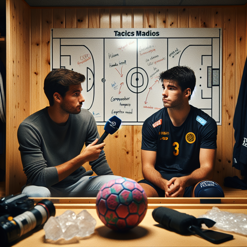 Handball coach and captain in locker room interview discussing post-match tactics